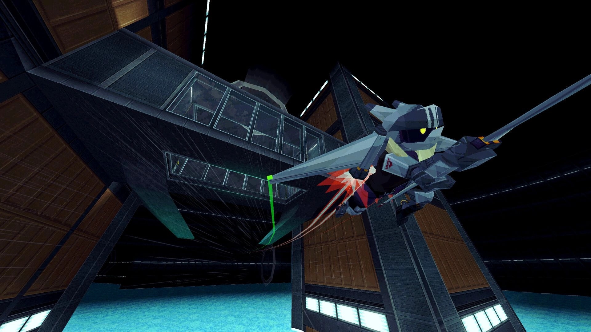 AEROMACHINA: Android plane-mech dashes midair near a glass walkway inside a towering hangar shaft.