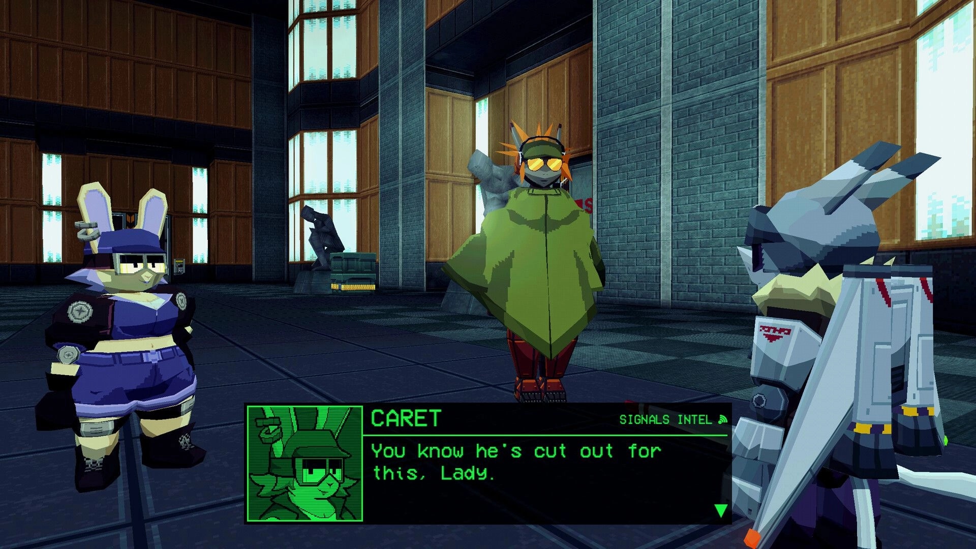 AEROMACHINA: Caret dialogue box as three characters talk inside a tall, windowed hangar hall.