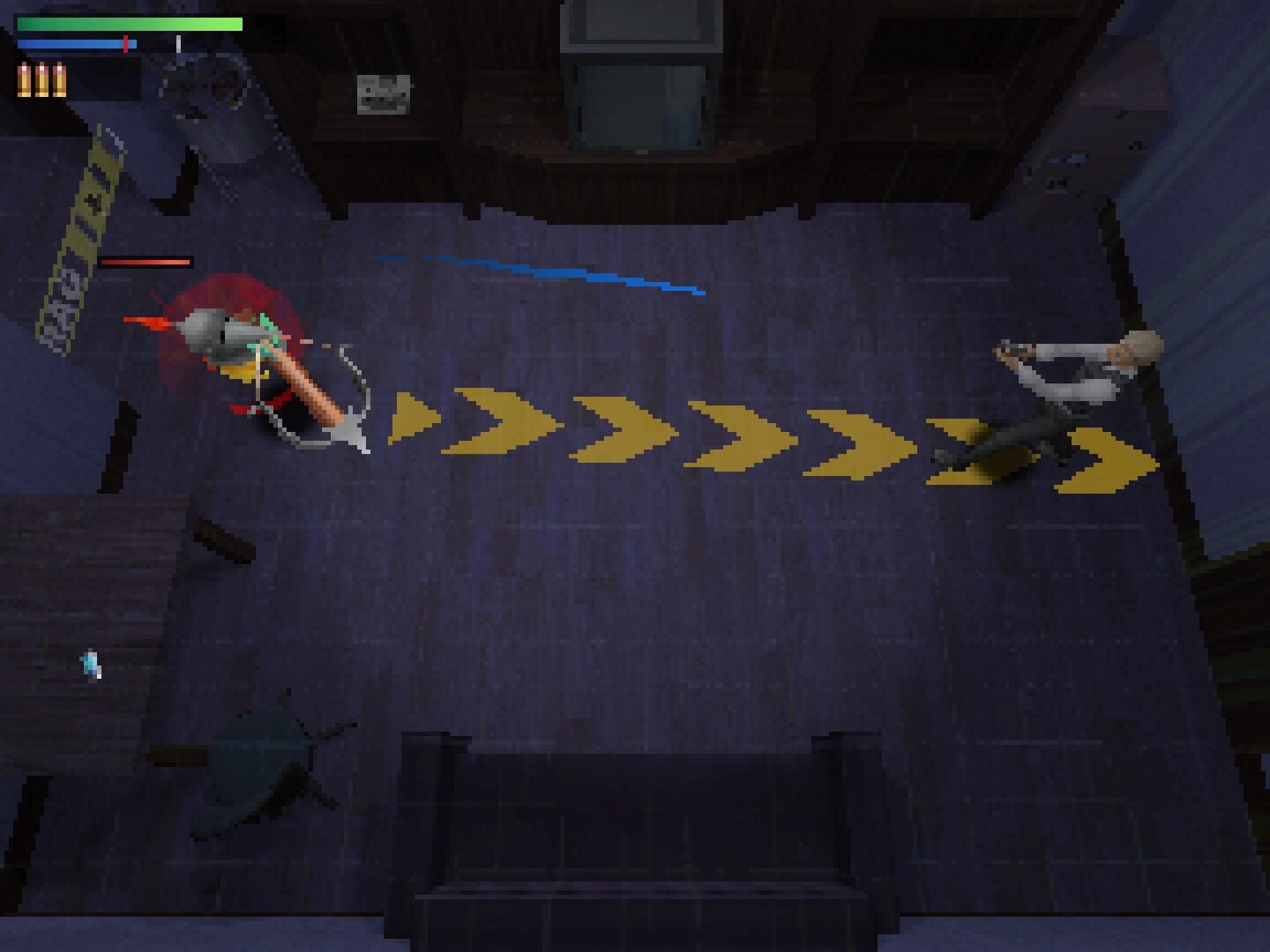 Aether Singularity: Agent engages a demon in a dimly lit research facility corridor with yellow arrows.