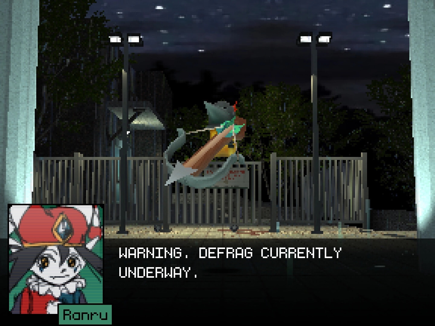 Aether Singularity: Ranru alerting at night with a digital creature hovering near a fenced area