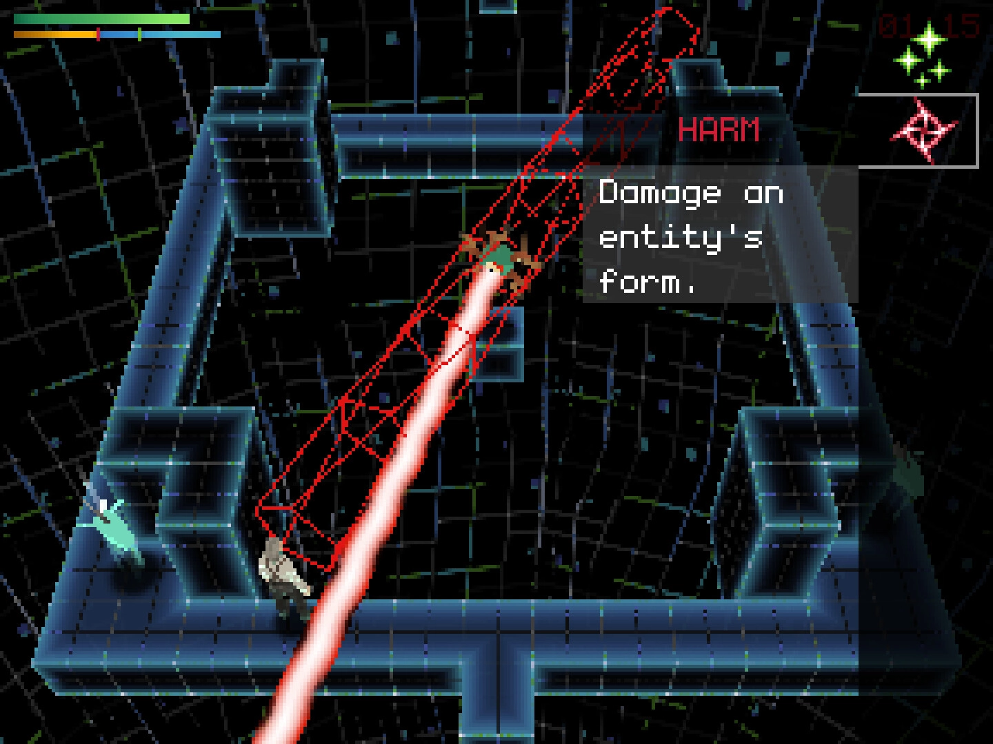 Aether Singularity: Top-down view of character fighting with a laser in a digital grid environment