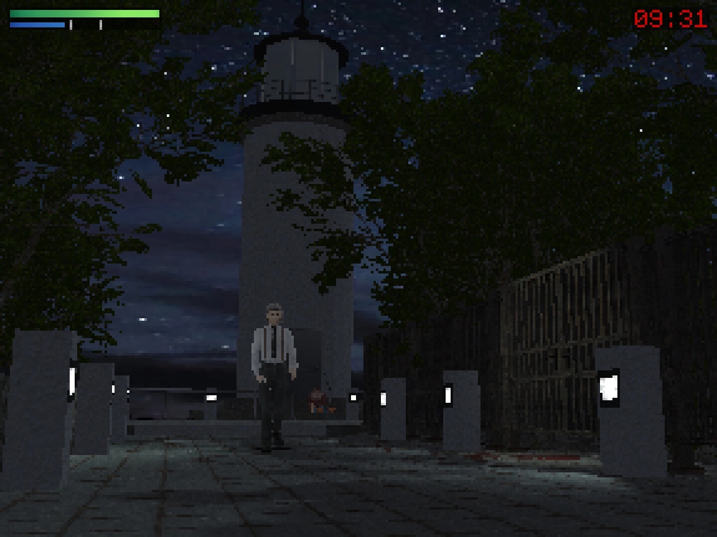 Aether Singularity: Agent standing near lighthouse at night, health bar and timer displayed on screen