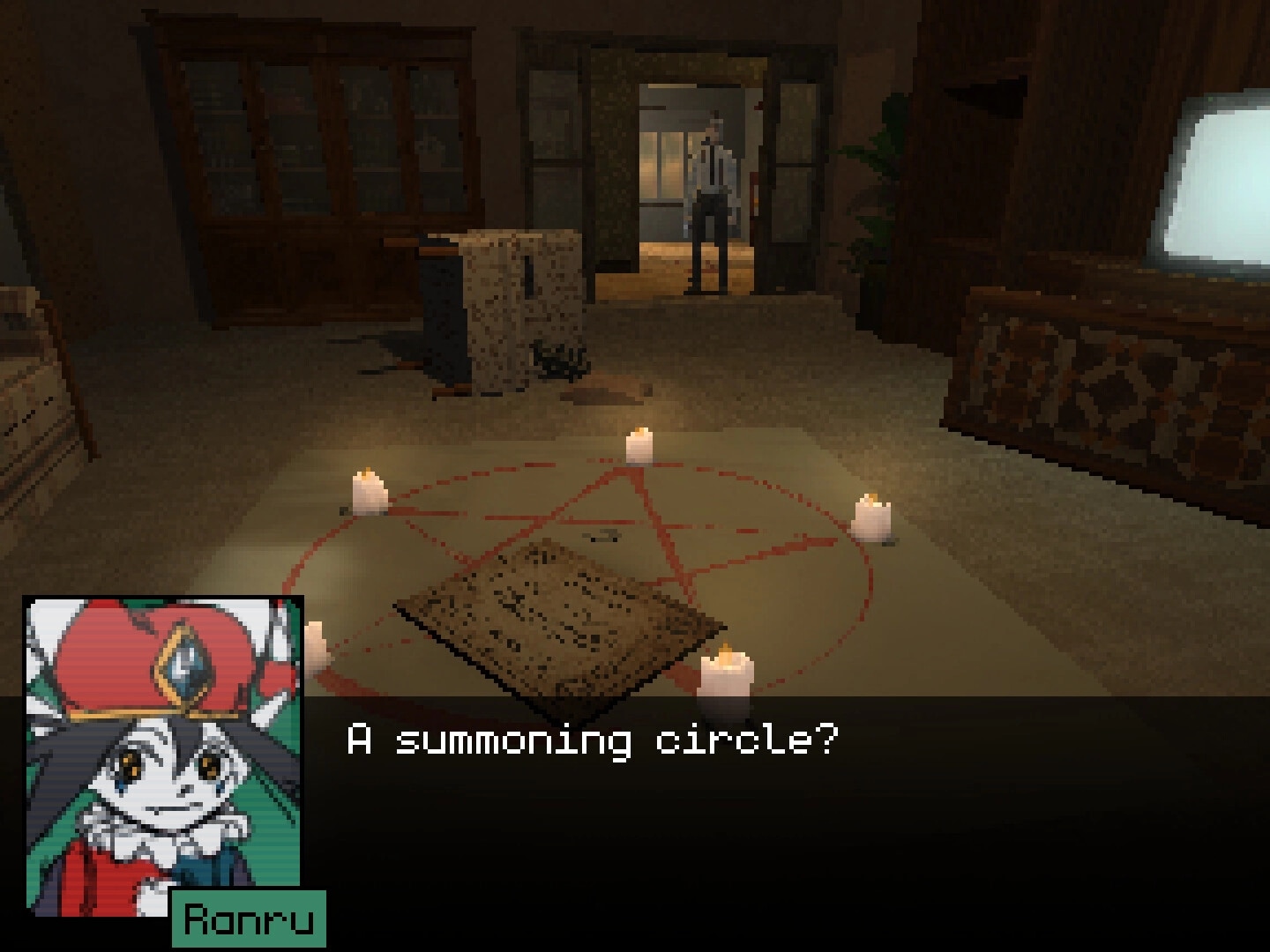Aether Singularity: Ranru observes a summoning circle with candles in a dimly lit research facility room.