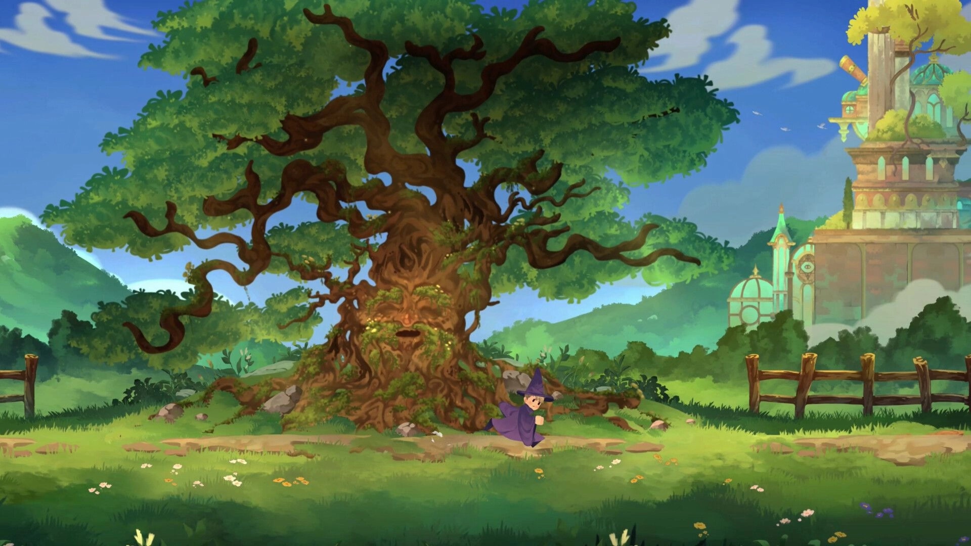 Aether Wizard Life: Young wizard runs past a massive ancient tree near a fence and distant tower.