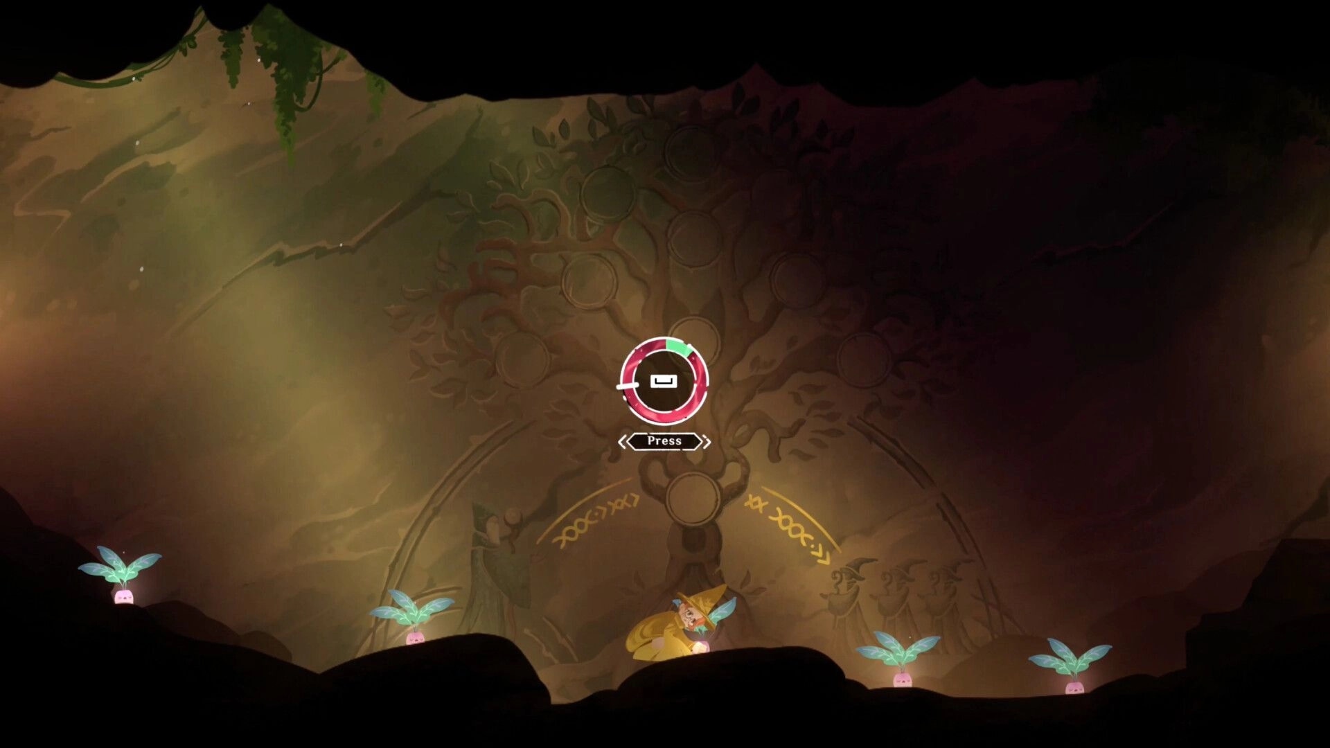Aether Wizard Life: Wizard crouches by glowing sprouts in a cavern, with a circular press prompt UI.
