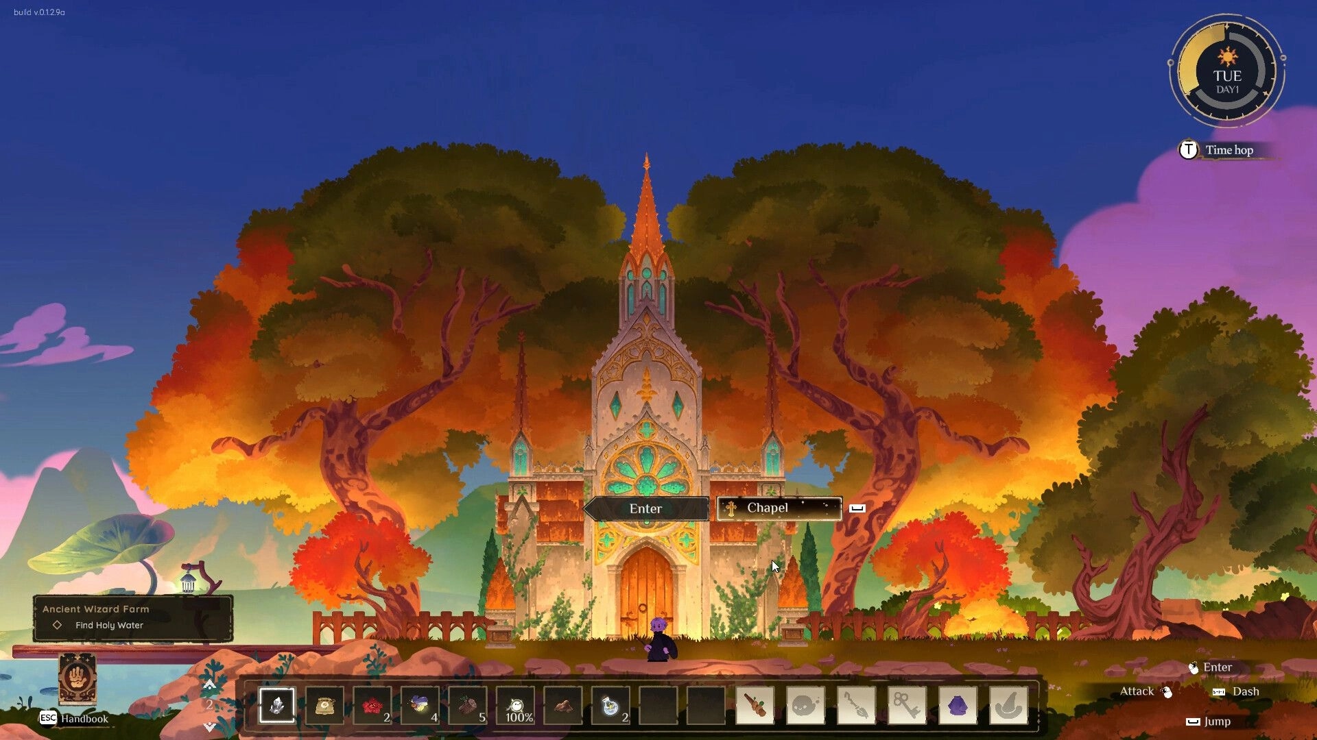 Aether Wizard Life: Wizard at chapel entrance with Enter prompt, autumn trees, quest and hotbar UI.