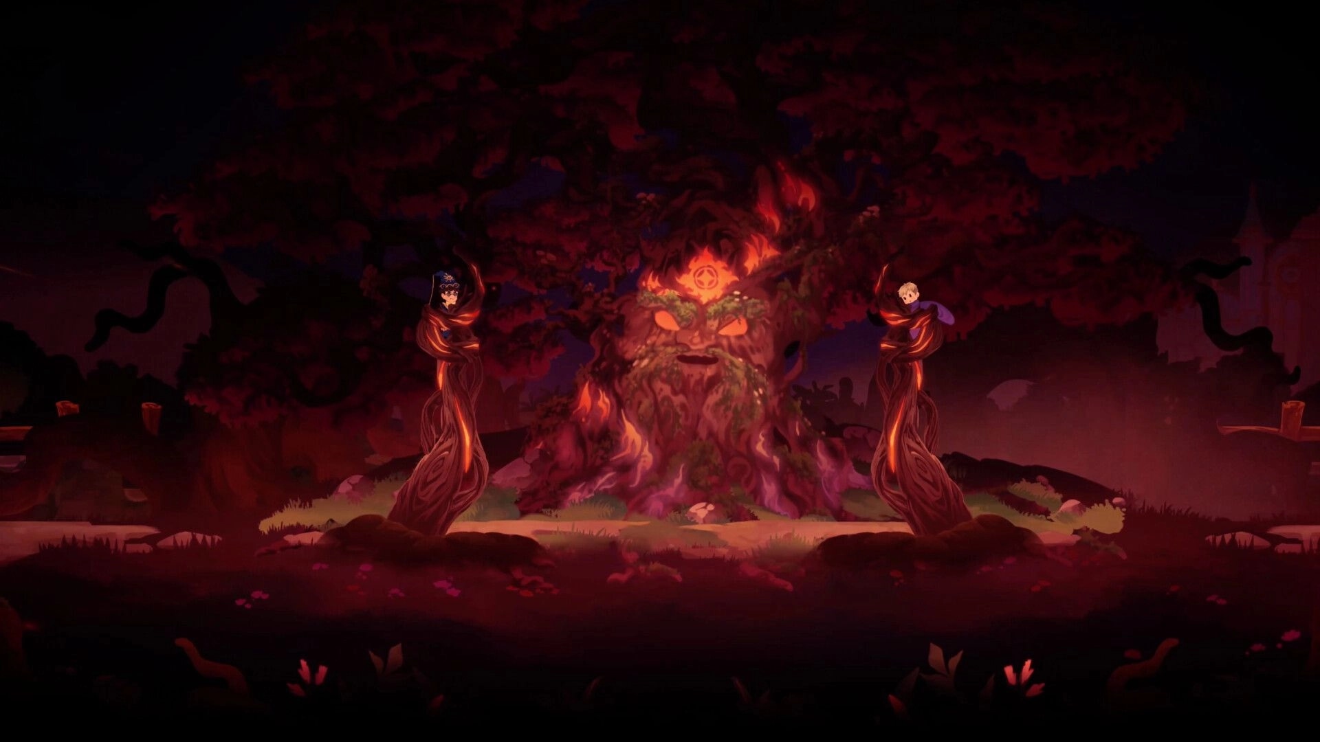 Aether Wizard Life: Two cloaked characters face a glowing tree spirit in a dark red forest clearing.