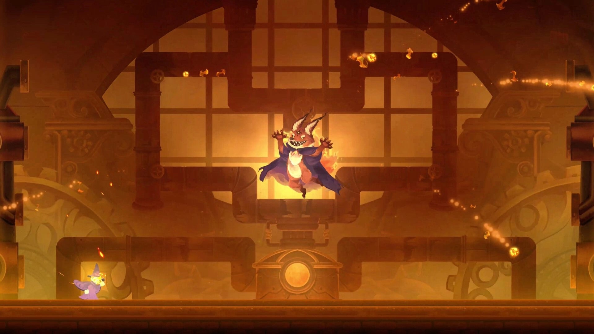 Aether Wizard Life: Boss battle with horned fiery creature in steampunk factory room, wizard below.
