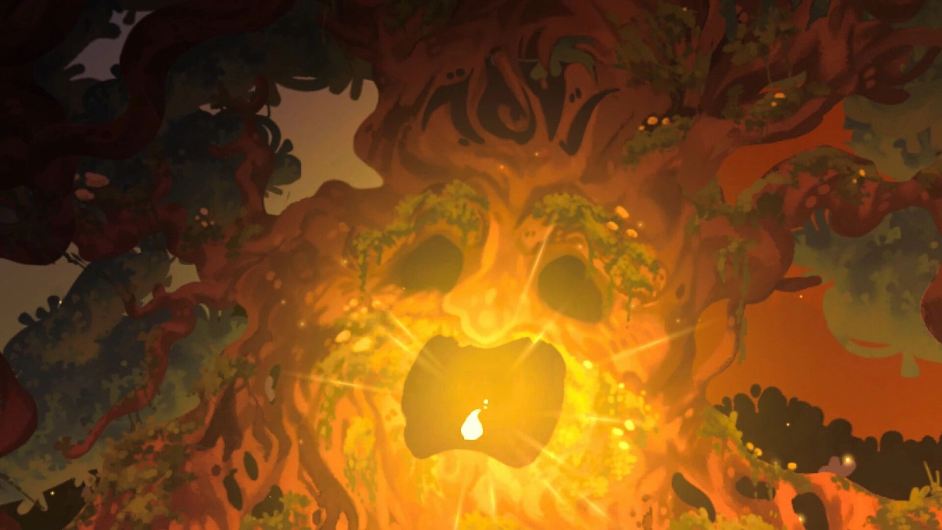 Aether Wizard Life: Glowing spirit face forms in a massive tree canopy amid swirling leaves and light.