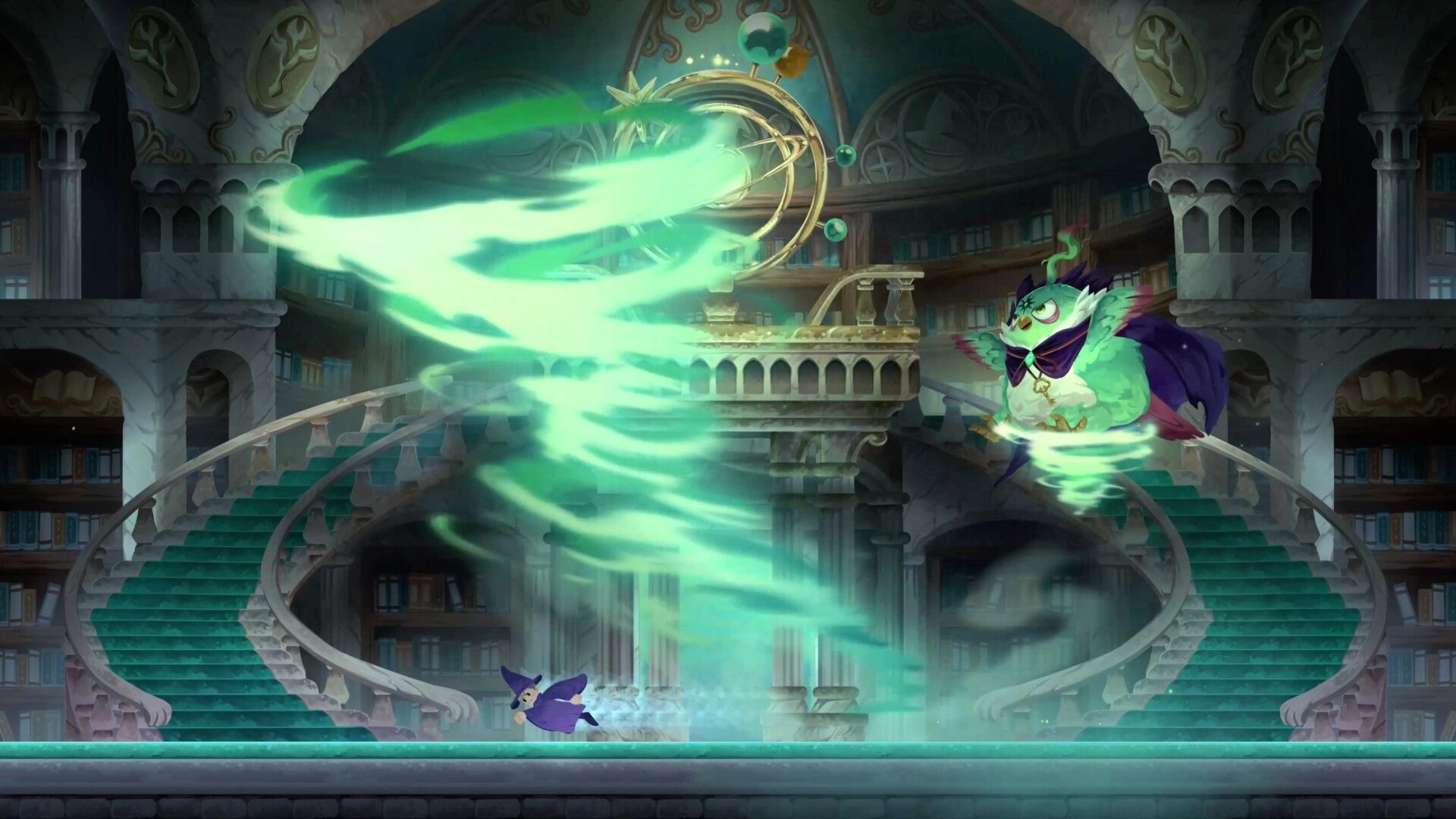 Aether Wizard Life: Wizard dodges a green magic tornado in a grand library with twin staircases.