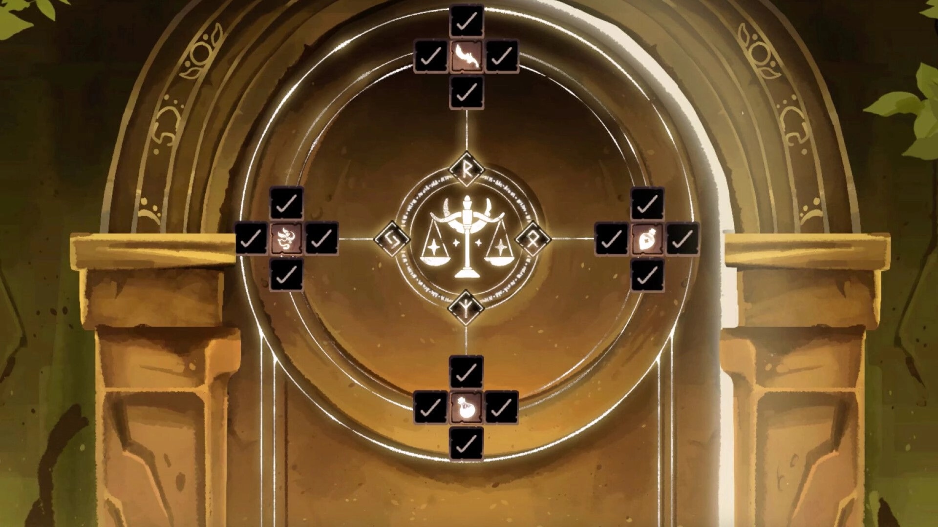 Aether Wizard Life: Puzzle door UI with rune wheel and checked tiles on a glowing stone gateway.