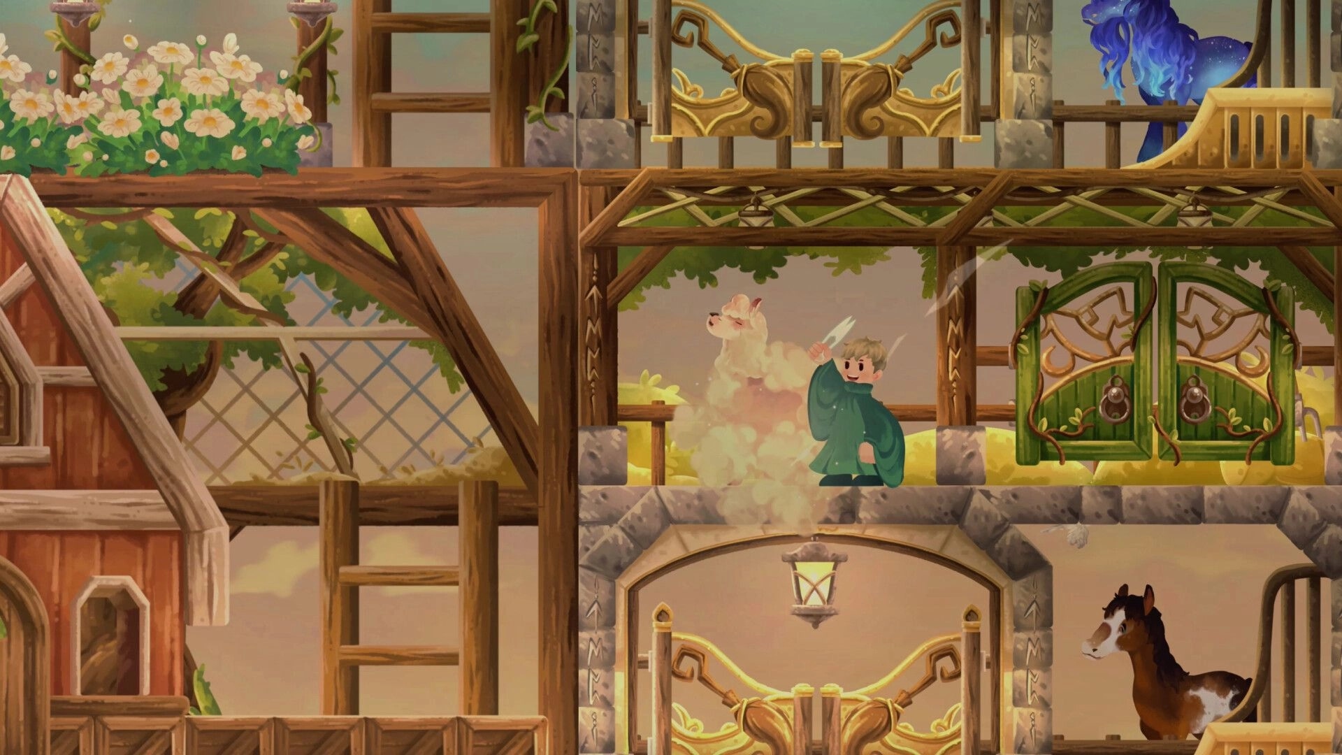 Aether Wizard Life: Young wizard raises wand beside a fluffy llama on a wooden balcony by green doors.