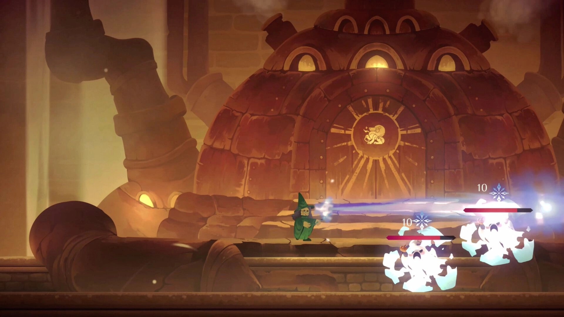 Aether Wizard Life: Green-robed wizard blasts ghosts by a furnace door in a steampunk factory room.
