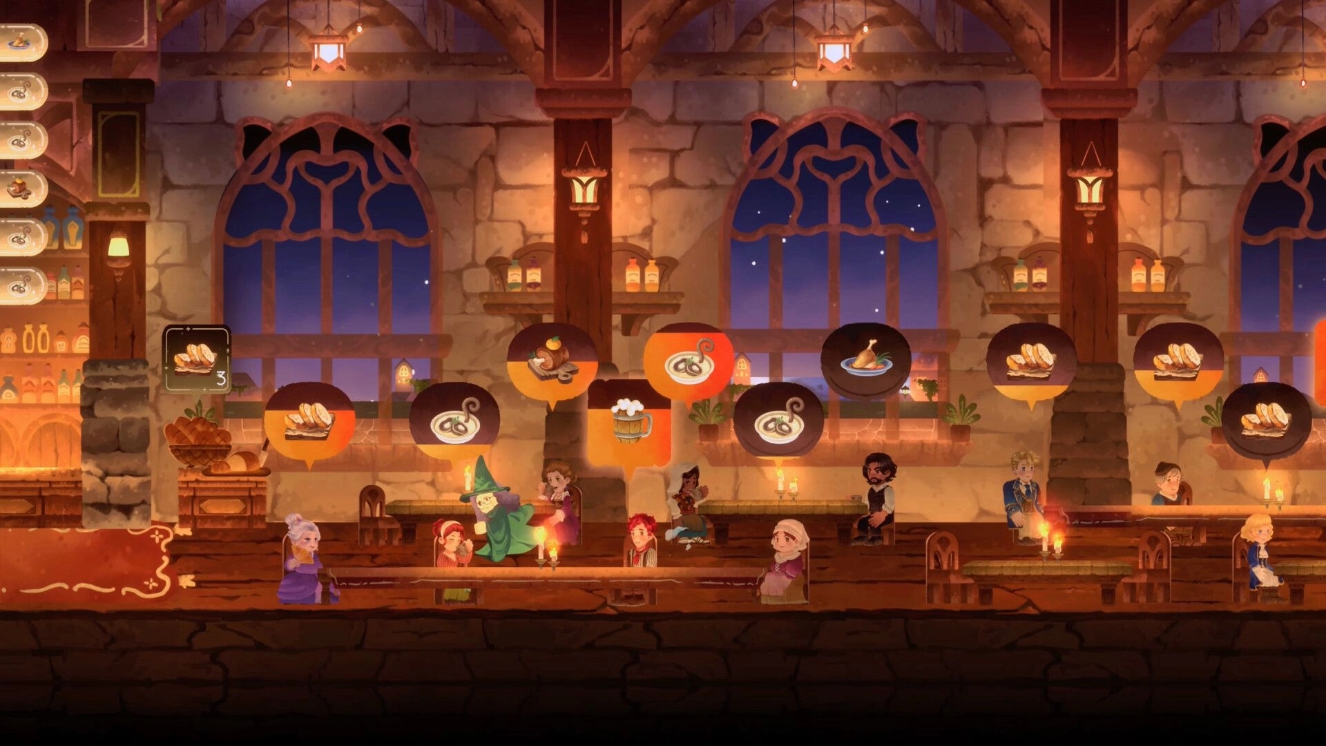 Aether Wizard Life: Tavern dining scene with NPC food requests in speech bubbles under arched windows.