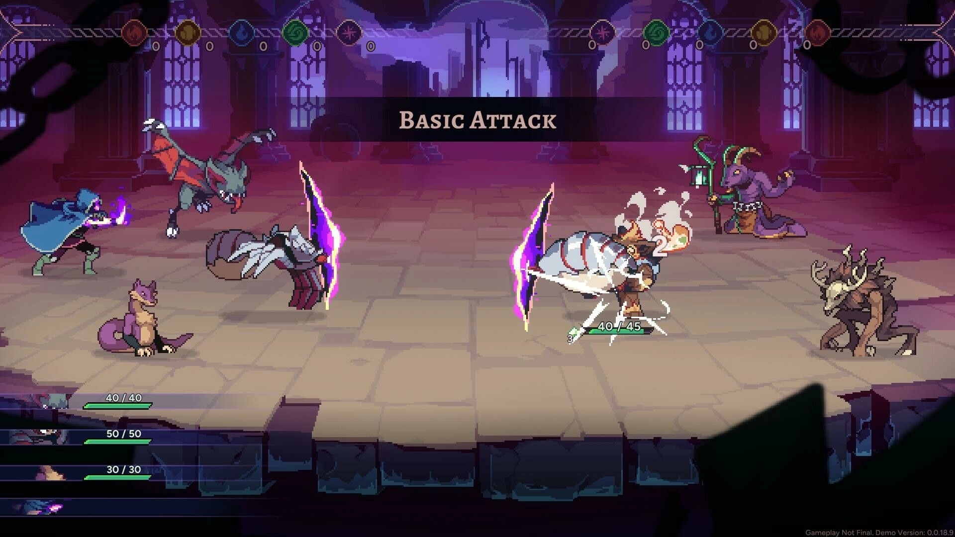 Aethermancer: Turn-based battle with mythical creatures in a dark, cathedral-like environment.