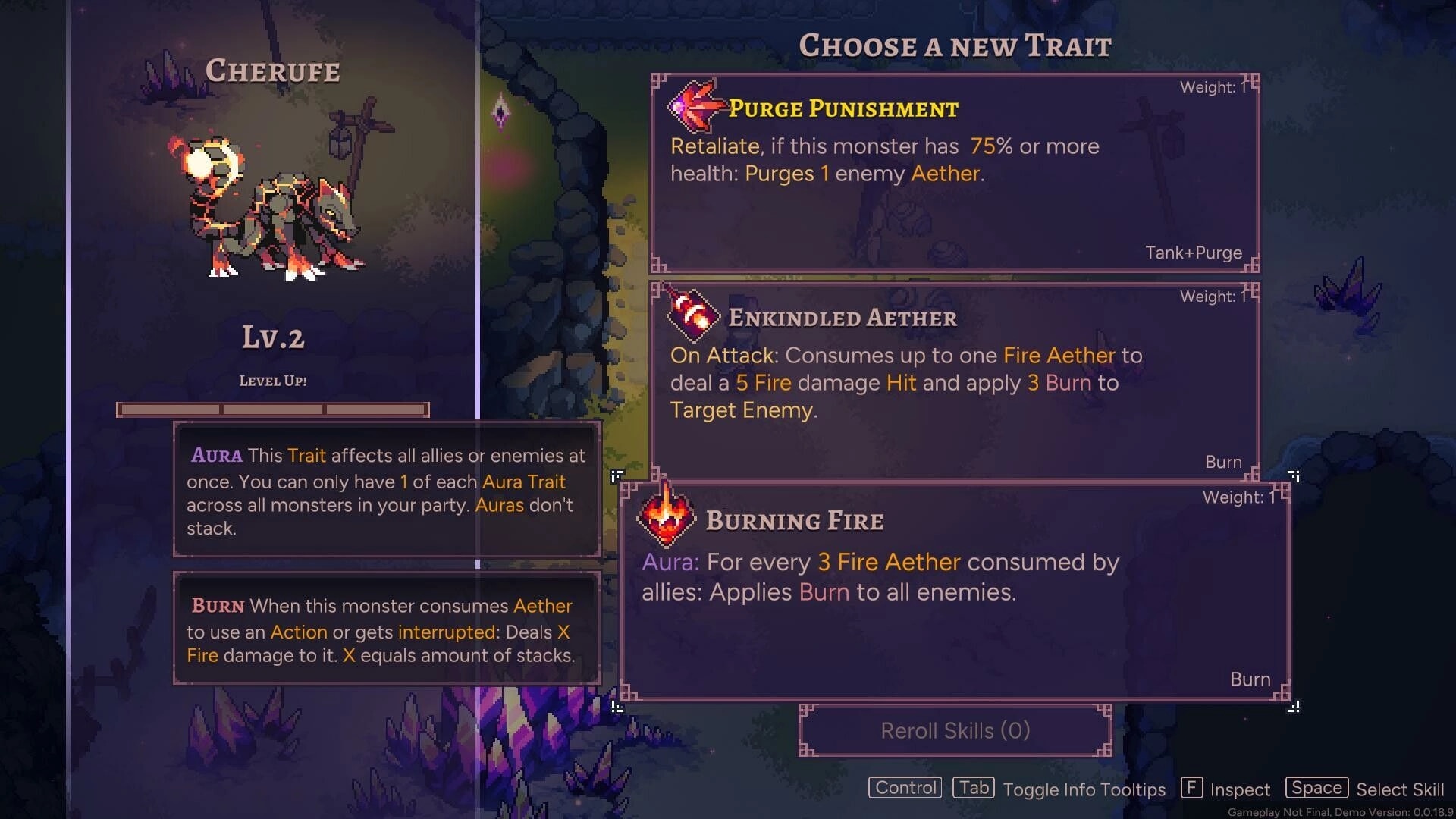 Aethermancer: Cherufe character leveling with trait selection menu in a mystical forest environment