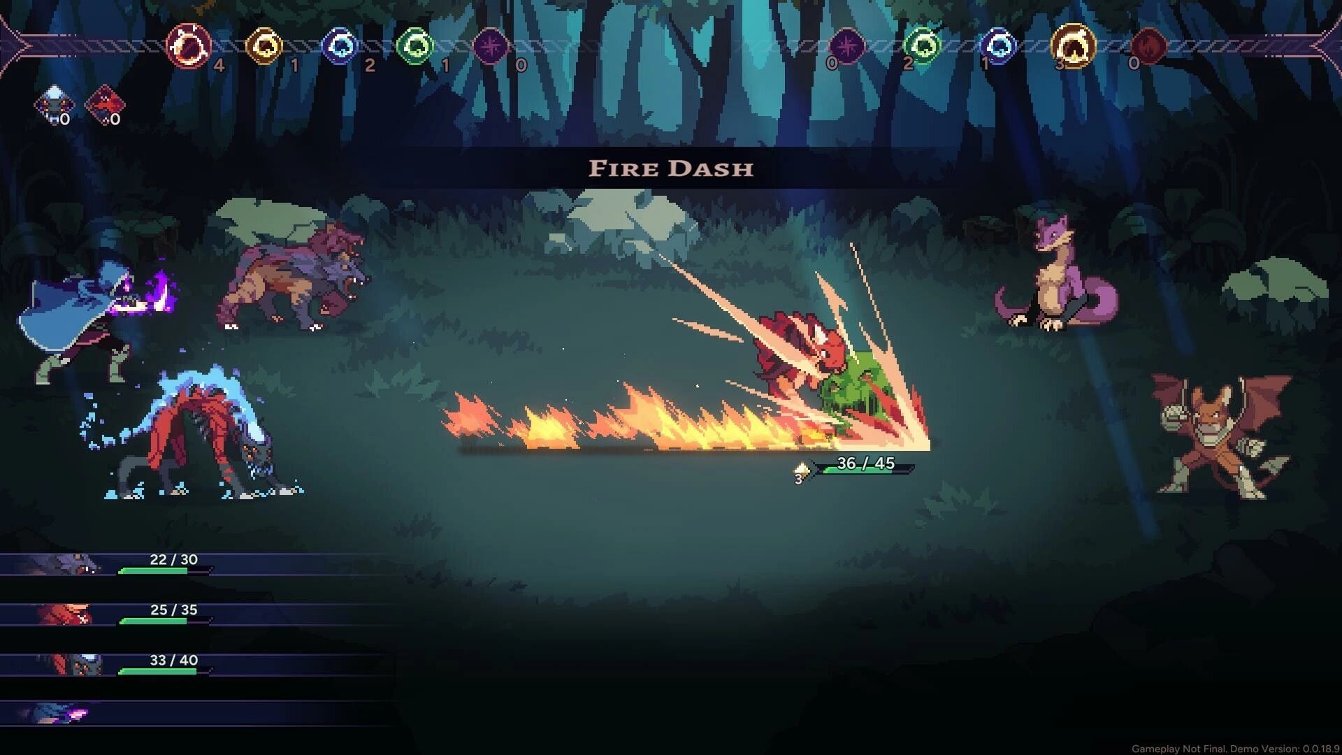 Aethermancer: Turn-based forest battle with mythical creatures using Fire Dash attack