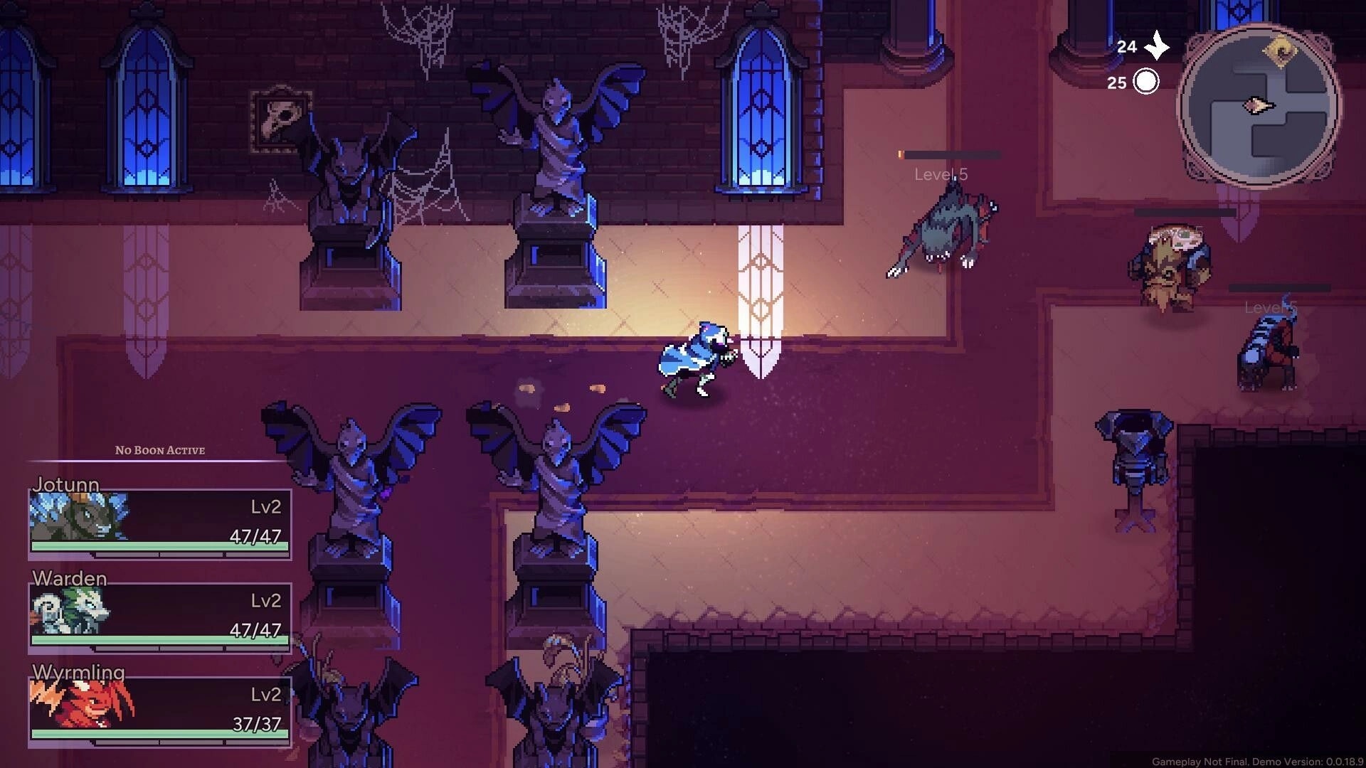 Aethermancer: Player and allies navigate a gothic hallway with gargoyle statues and enemy creatures.