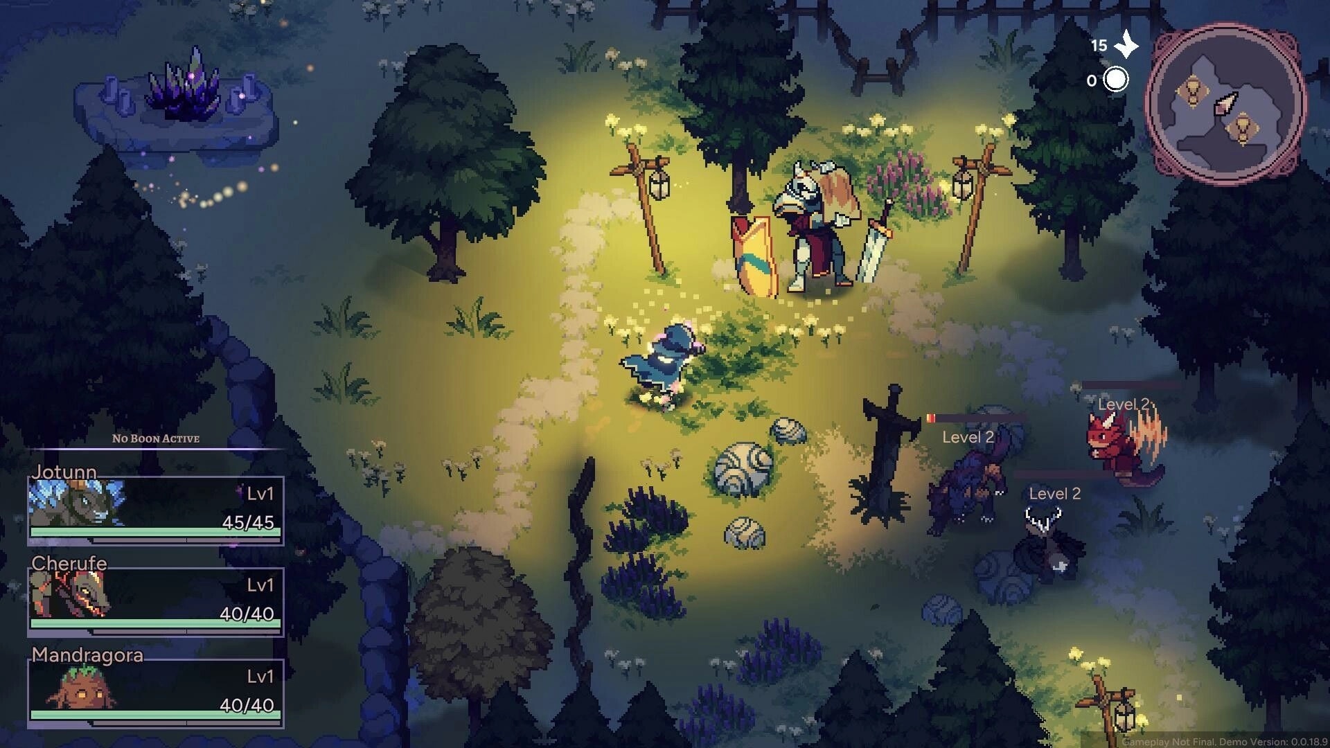 Aethermancer: Character Jotunn in forest clearing with creatures, level indicators, and status bars.