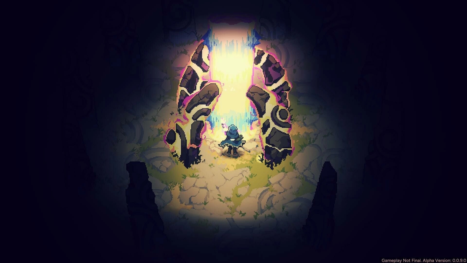 Aethermancer: Adventurer stands before glowing portal in mystical cavern surrounded by ancient stones
