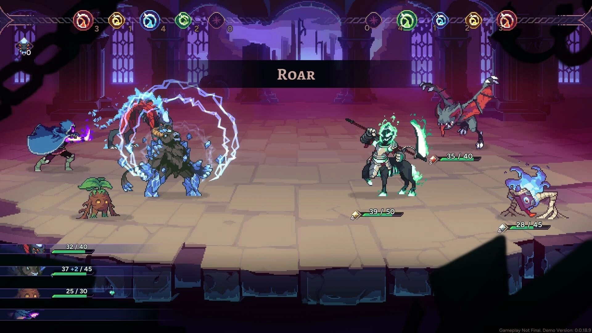 Aethermancer: Turn-based battle with mythical creatures in dark cathedral setting, health bars visible.