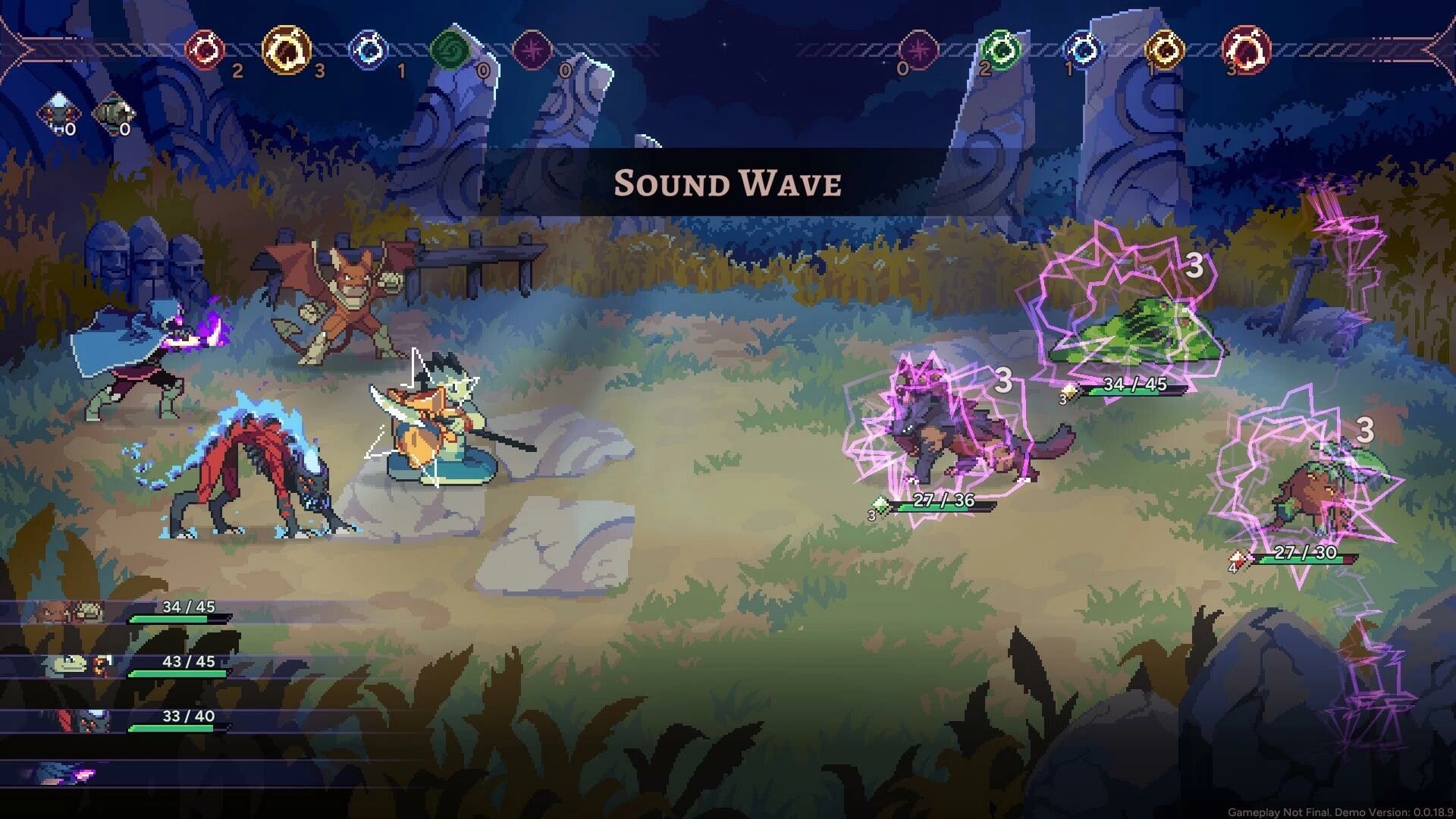 Aethermancer: Turn-based battle with mythical creatures casting Sound Wave in forest ruins setting