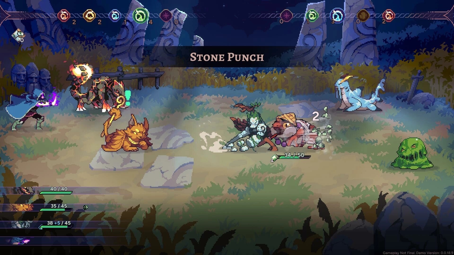 Aethermancer: Turn-based battle with mythical creatures using abilities in a forest clearing at night.