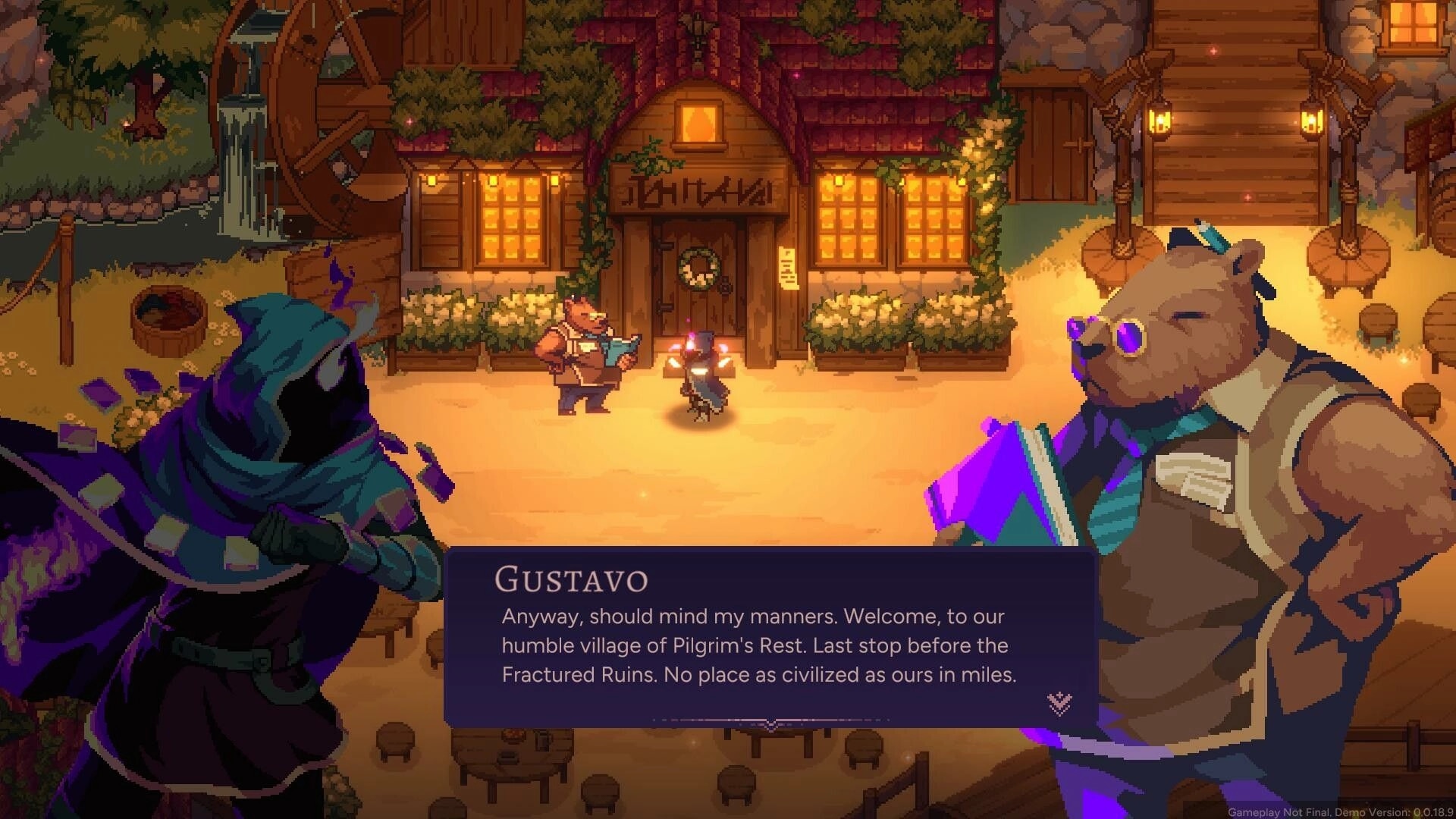 Aethermancer: Conversation with Gustavo outside Pilgrim's Rest inn, vibrant village backdrop.