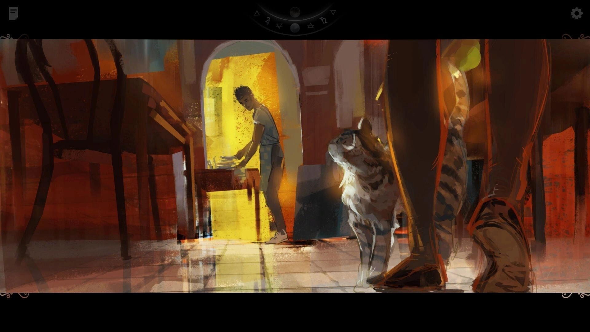 After the Wane: Painterly scene of a man at a table and a cat by a woman's boots in a warm room.