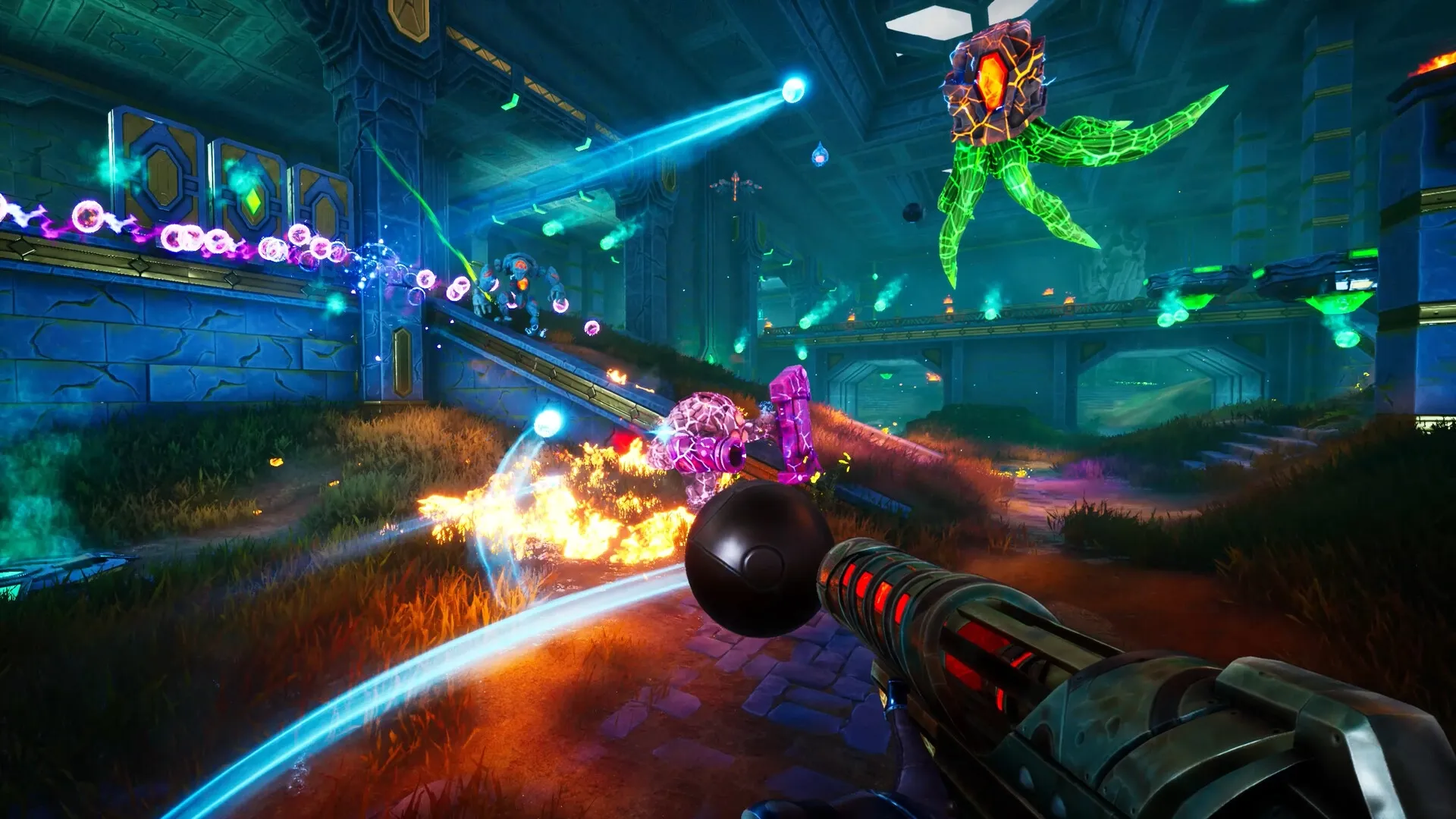 AFTERBLAST: Player fires energy weapon at aliens in neon-lit dungeon with glowing projectiles overhead