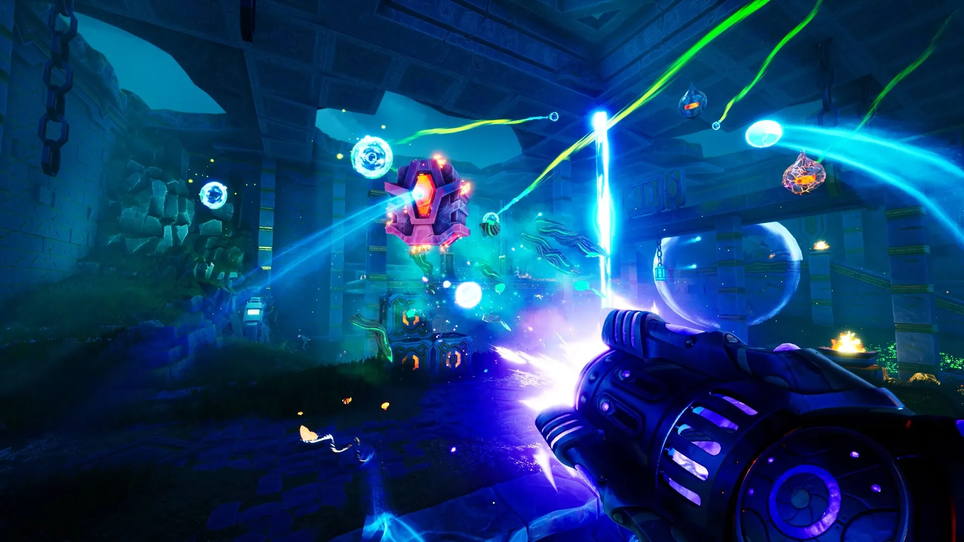 AFTERBLAST: Player fires energy weapon at floating robotic enemies in a glowing, ancient temple dungeon.