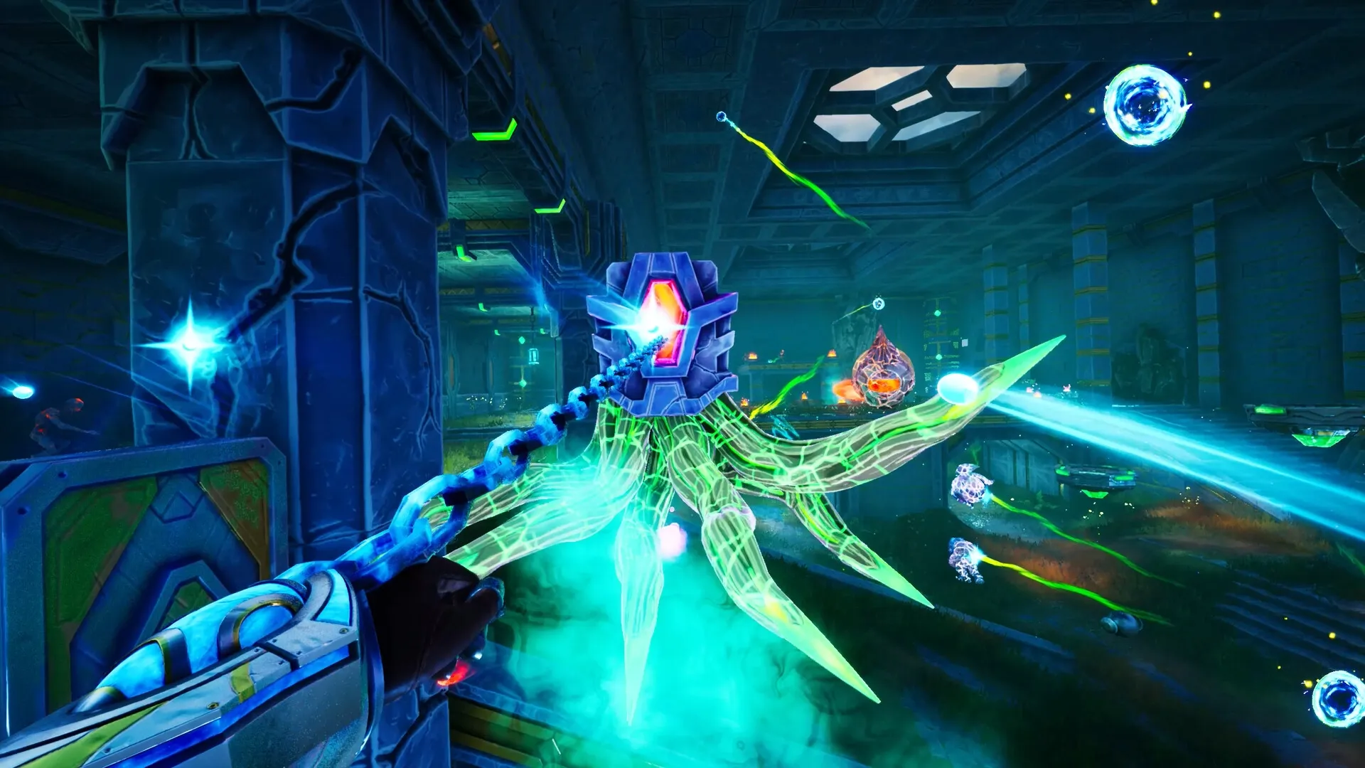 AFTERBLAST: Player attacks glowing tentacle creature in neon-lit dungeon environment.