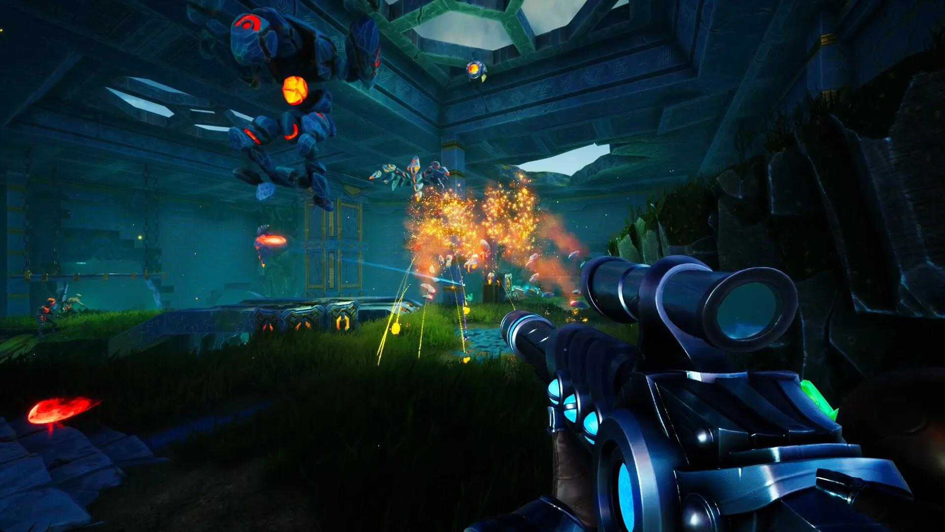 AFTERBLAST: First-person combat scene with player shooting at flying mechanical enemies in a dungeon room.