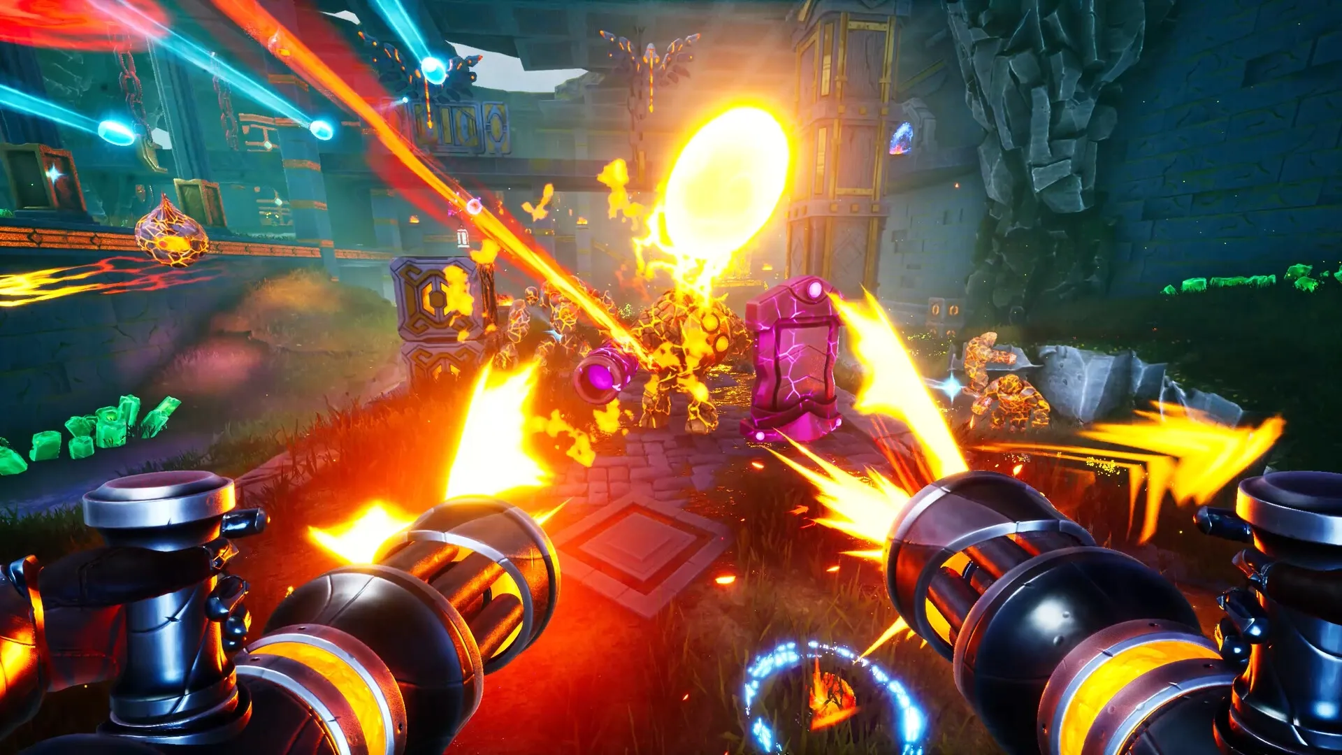 AFTERBLAST: Intense gunfight with blazing weapons in a vibrant dungeon filled with glowing enemies.