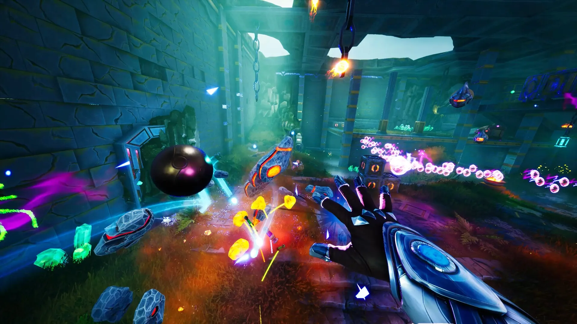 AFTERBLAST: Player casts energy attack in neon-lit dungeon with floating orbs and glowing crystals