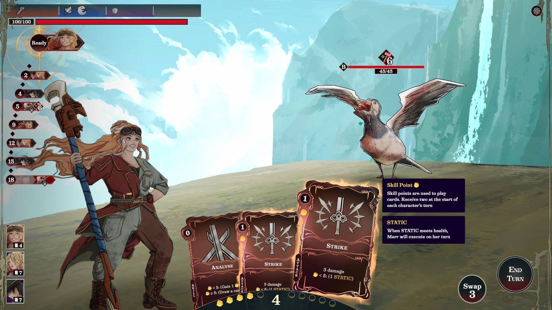 Against All Skies: Marr engages an enemy bird on a grassy sky island, preparing to play a card.