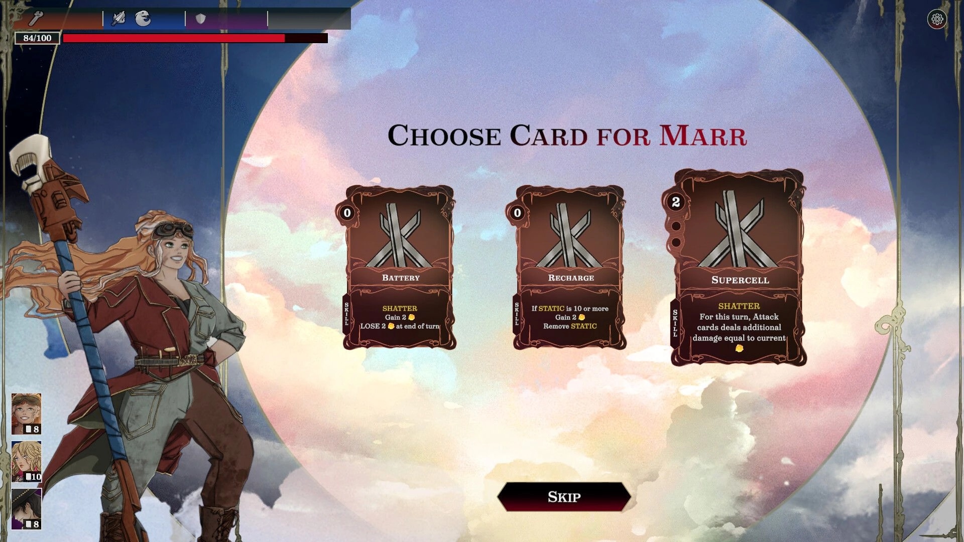 Against All Skies: Card selection screen for Marr with three card options against a sky island backdrop.