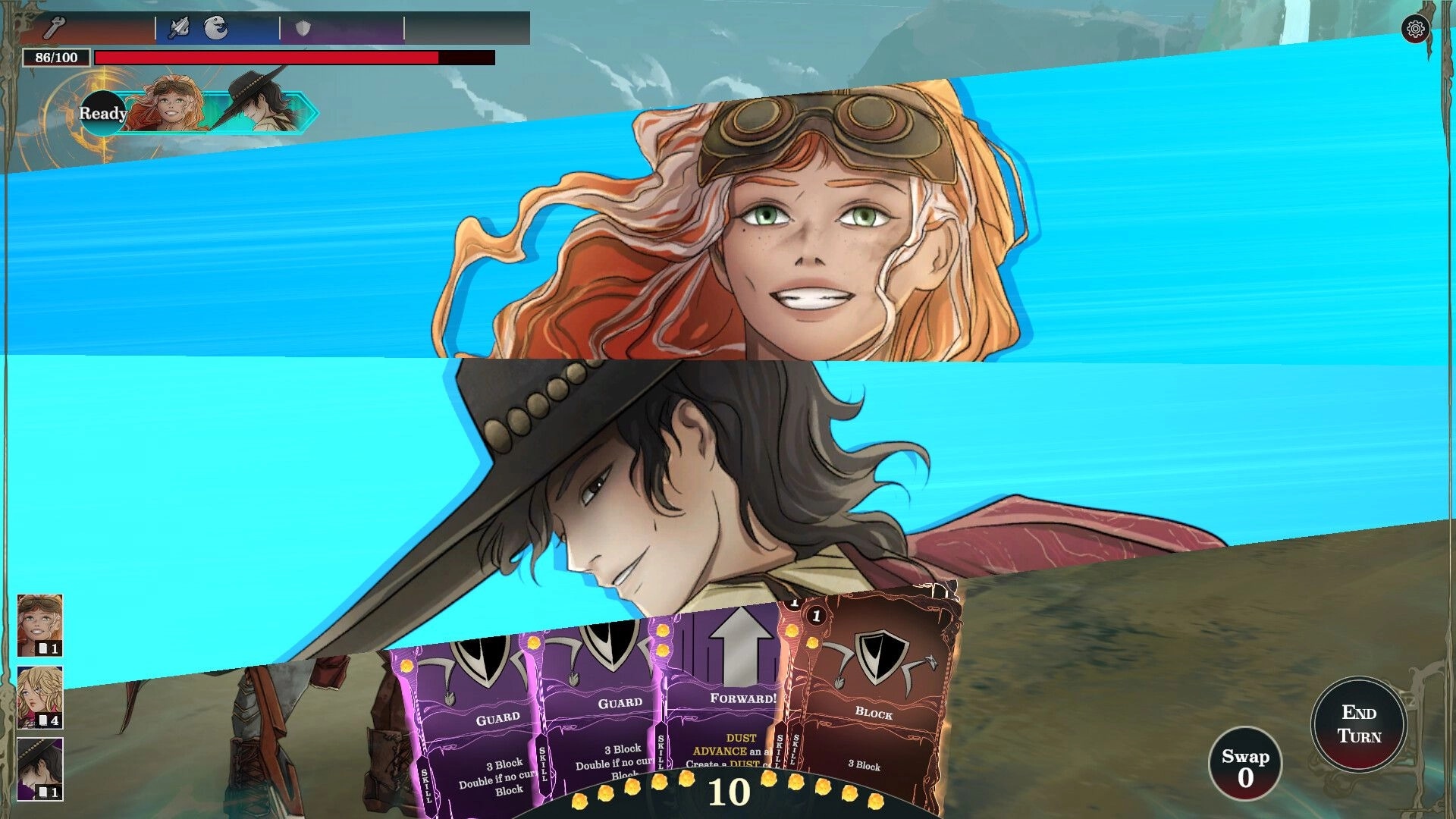 Against All Skies: Two characters ready for battle with action cards displayed on a sky island setting.