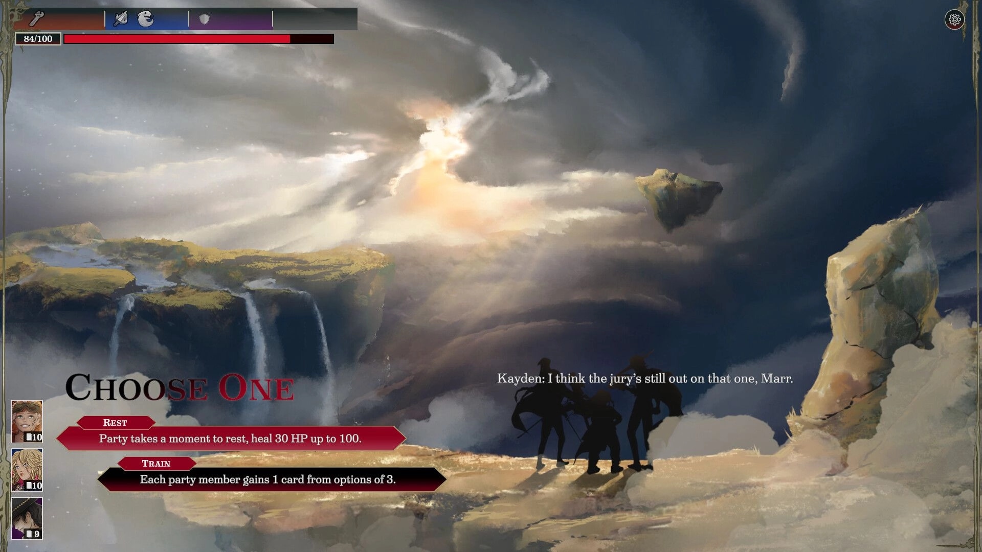 Against All Skies: Party decision menu with character dialogue on a sky island with dramatic clouds