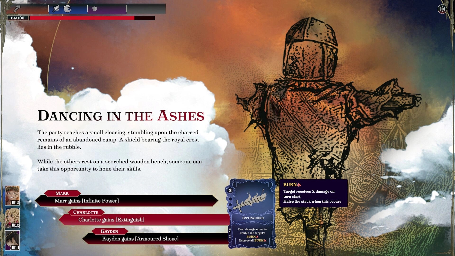 Against All Skies: Character Marr gains Infinite Power in a narrative event screen with story details.