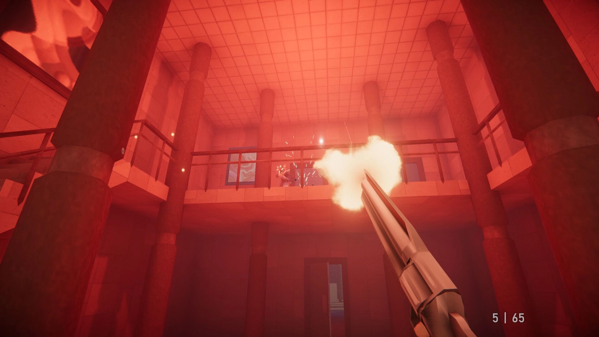 Agent 64: First-person shooting at enemy on upper balcony in red-lit interior with columns and railing.