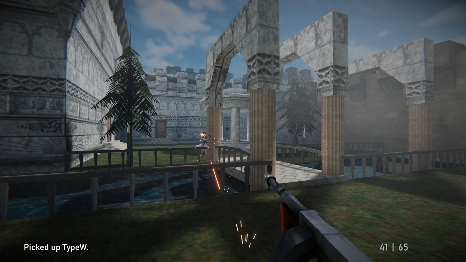 Agent 64: First-person combat in ancient ruins with enemy in sight, HUD shows ammo count and weapon pickup.