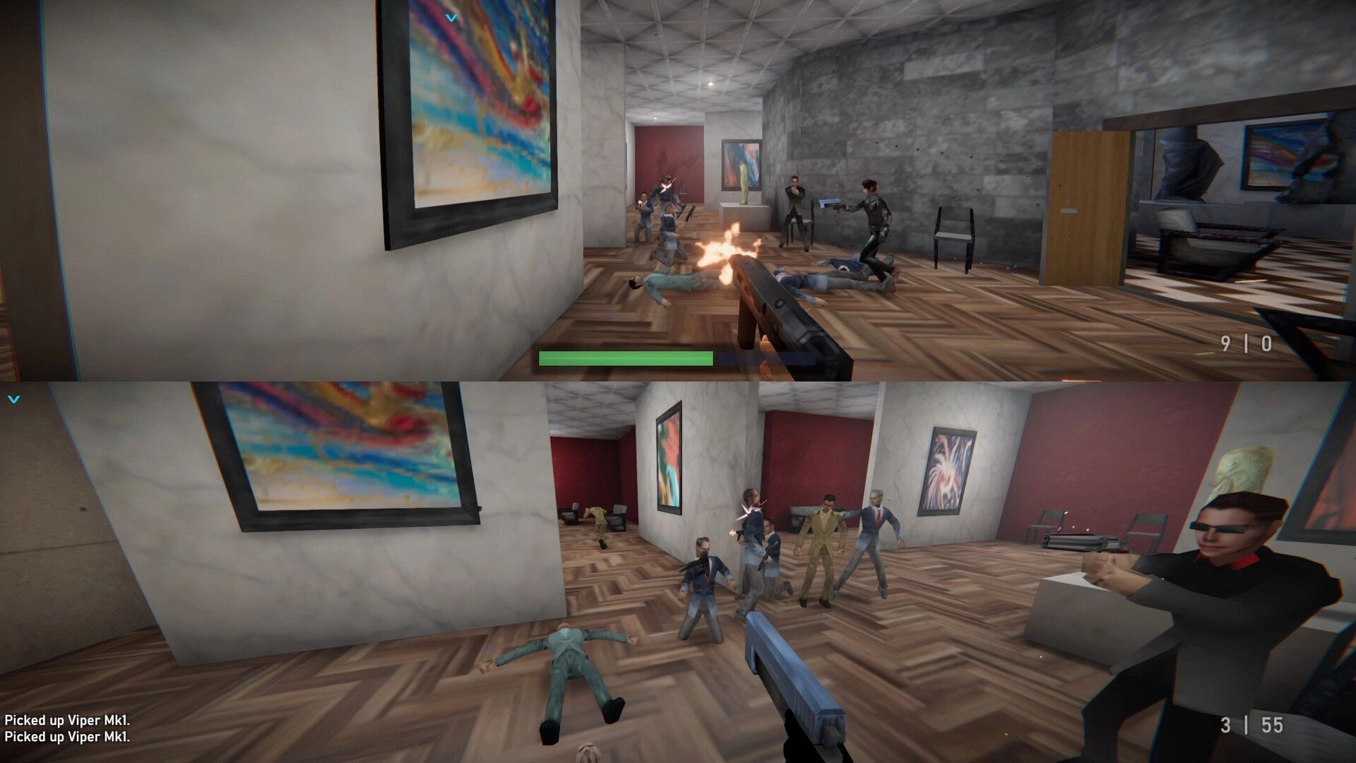 Agent 64: Dual-wielding pistols in a marble-floored gallery, engaging enemies near colorful paintings.