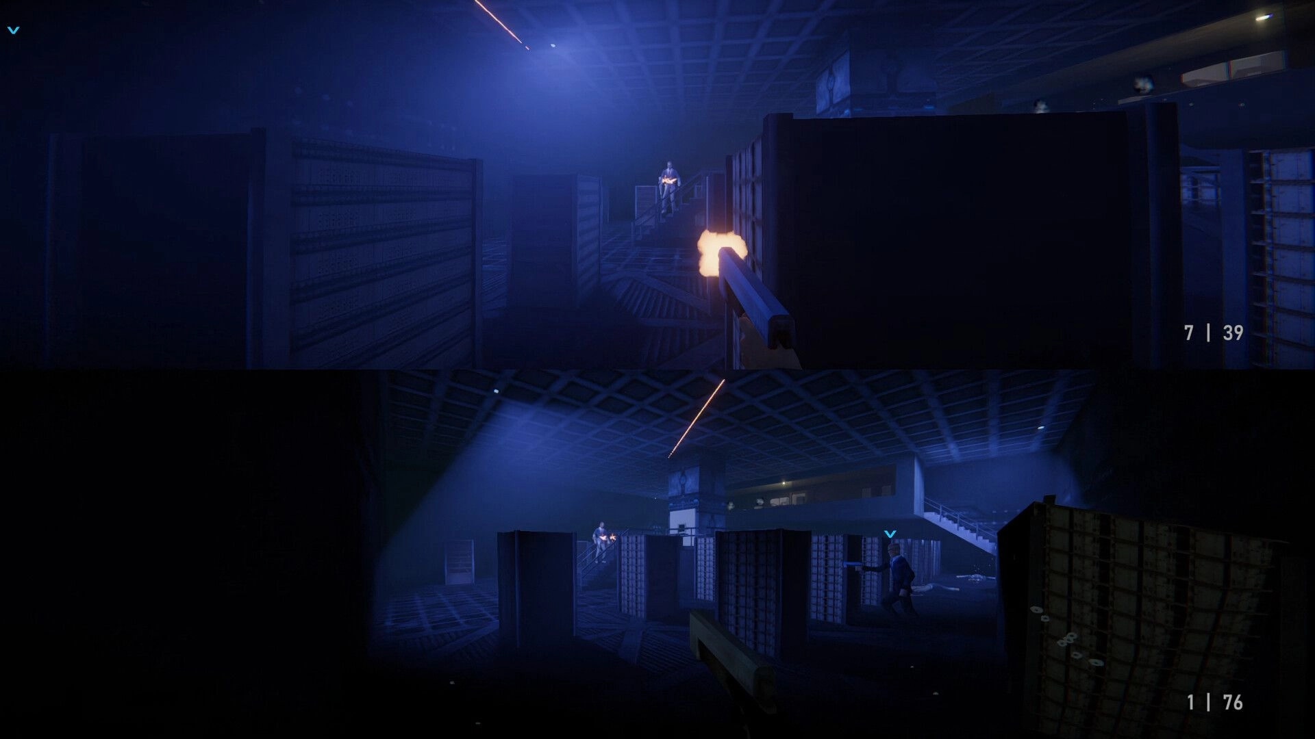 Agent 64: First-person shooting in a dimly lit warehouse with enemies and visible ammo counts