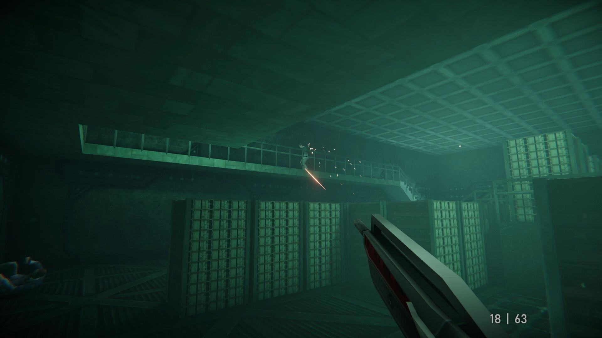 Agent 64: First-person combat in dimly lit warehouse with gunfire and enemy on upper walkway
