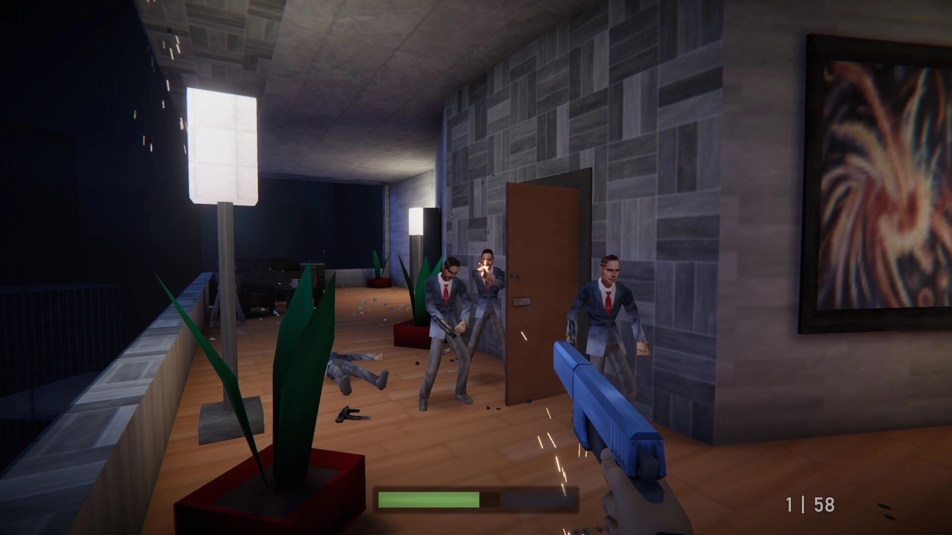 Agent 64: First-person hallway shootout with three suited enemies in retro 90s office environment