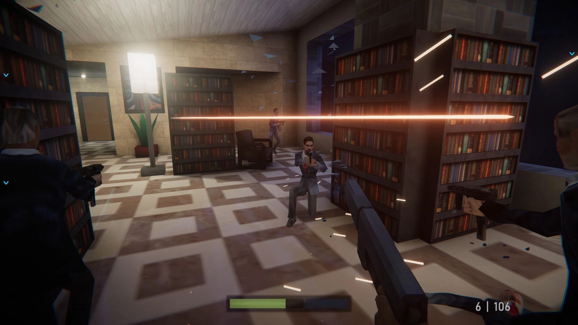 Agent 64: Intense gunfight in a library with enemies, bullets flying, and health bar visible