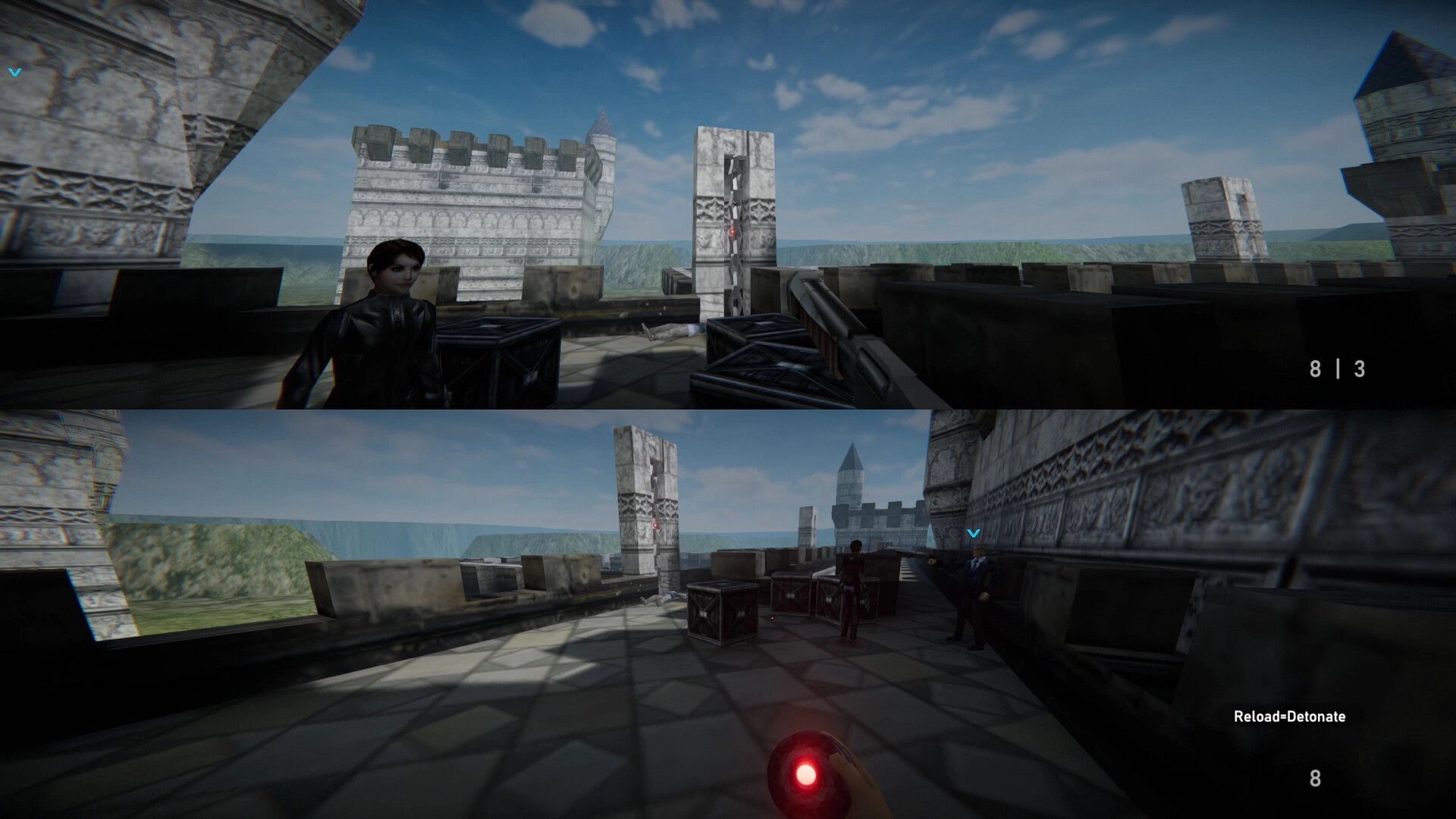 Agent 64: Dual screen view of castle rooftop with player aiming at enemy, UI shows ammo count