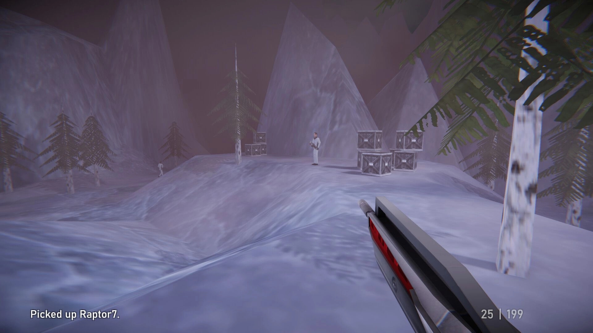 Agent 64: First-person view aiming at enemy in snowy mountain terrain with crates and trees nearby.