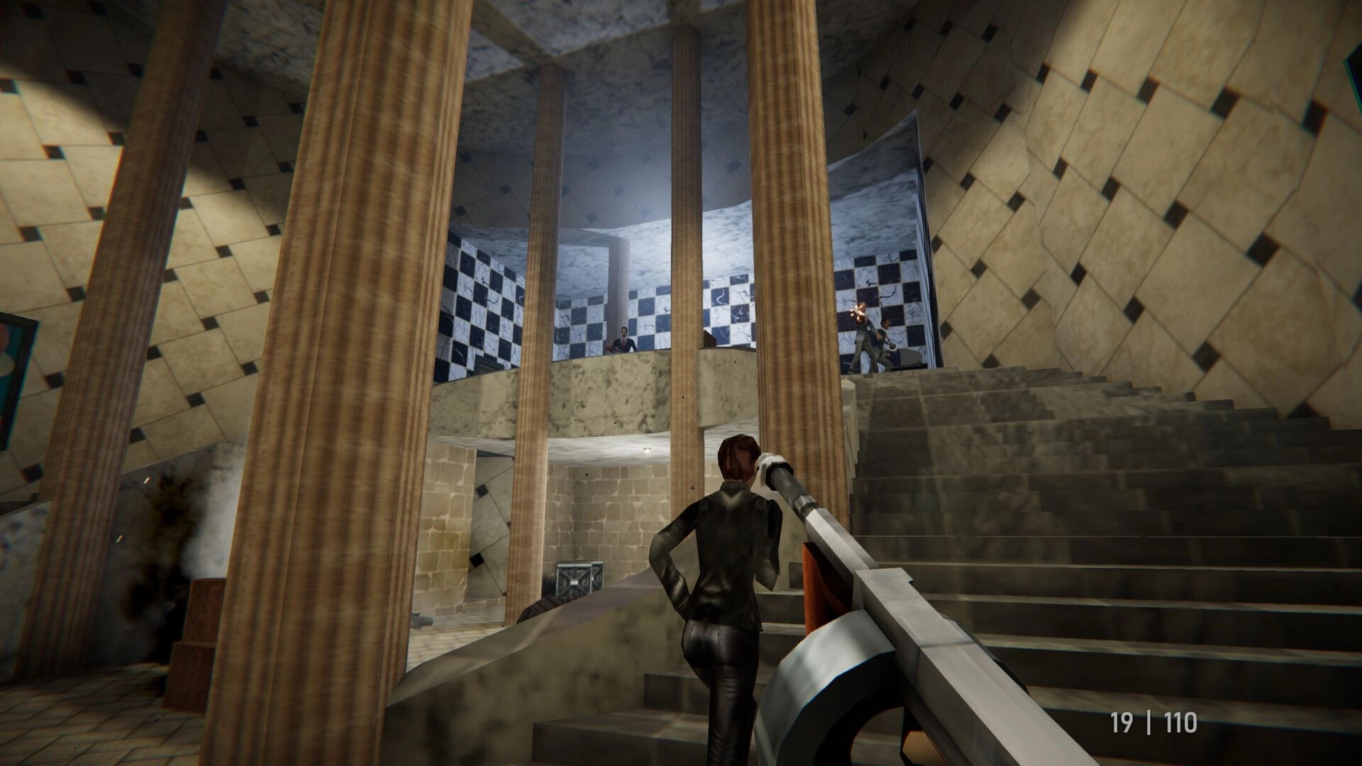 Agent 64: Player aiming at enemies on staircase in marble-columned hall with checkered upper level